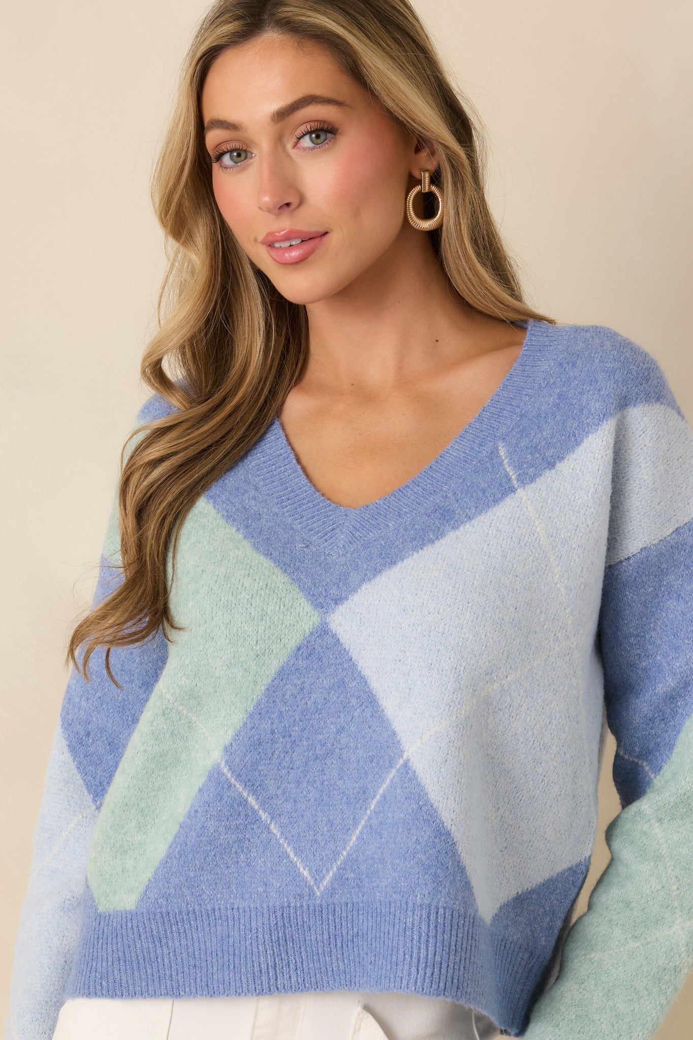 Just My Style Blue Multi Knit Argyle V-Neck Sweater