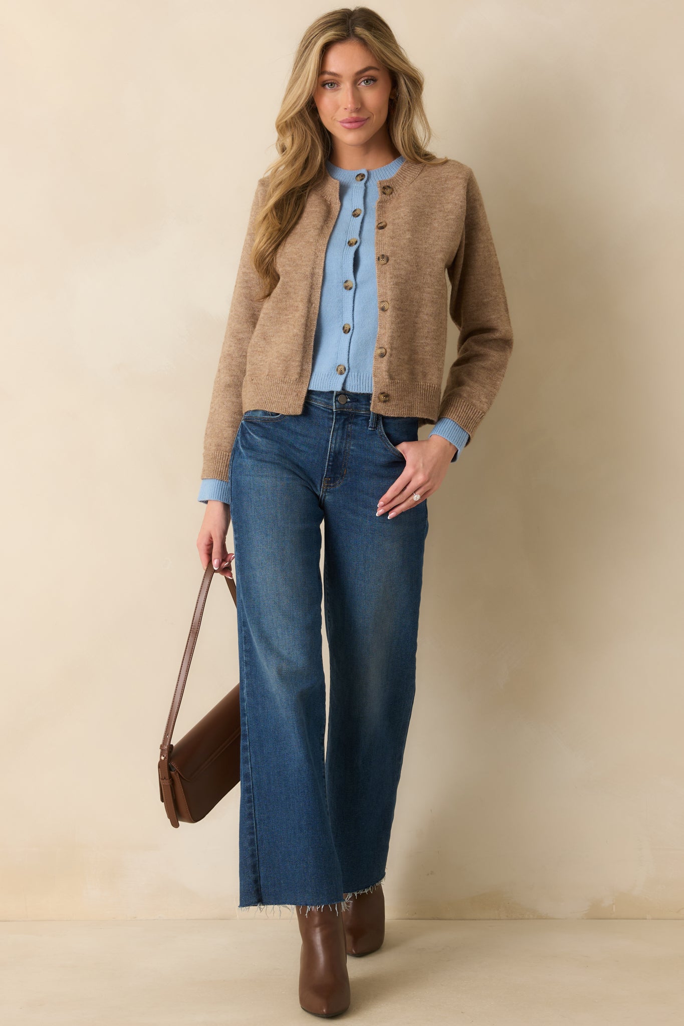 Let It All Unfold Light Mocha Faux Layered Button Front Knit Cardigan