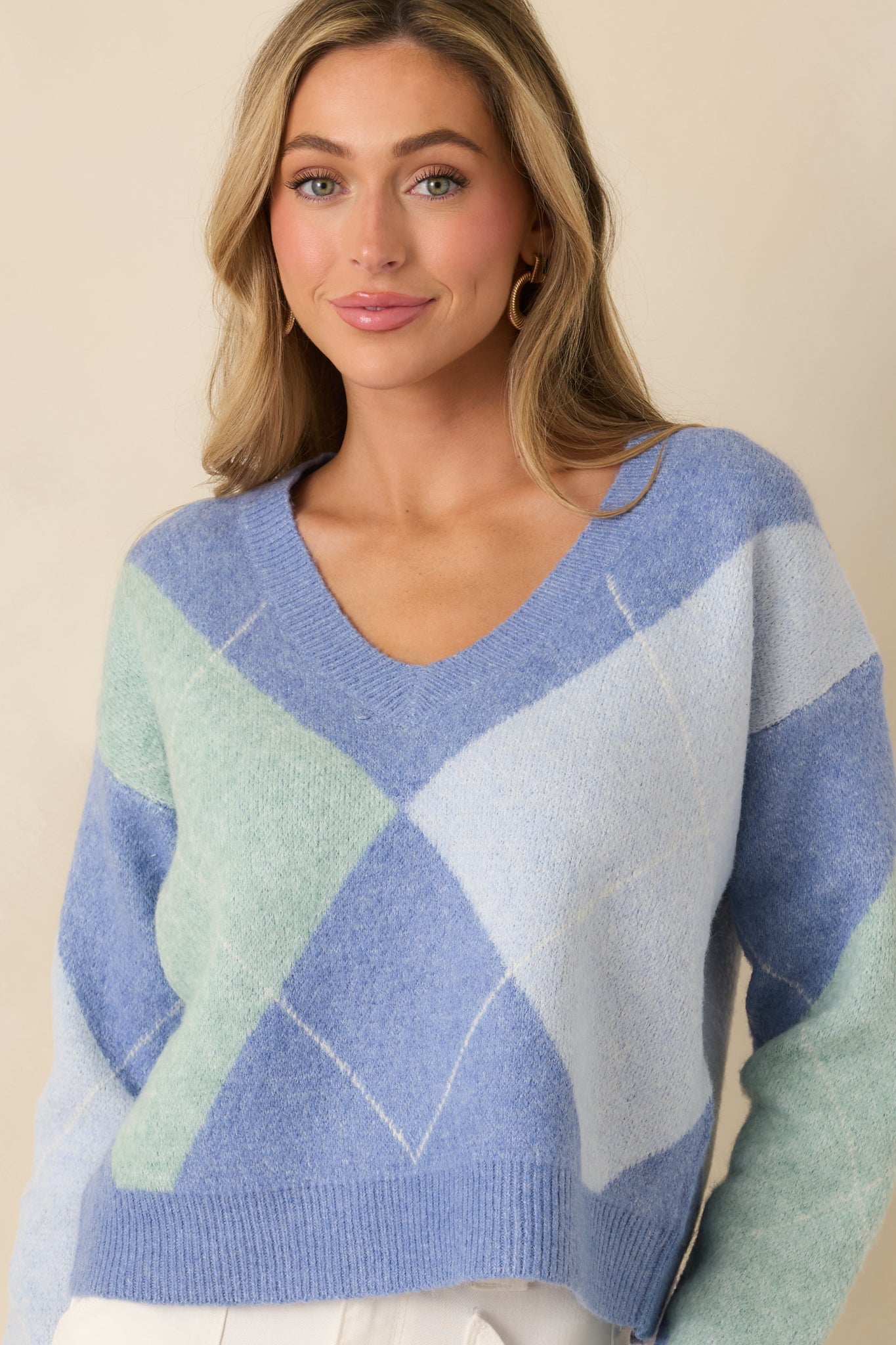 Just My Style Blue Multi Knit Argyle V-Neck Sweater