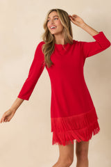 Coming In Hot Red 3/4 Sleeve Fringe Mini Dress