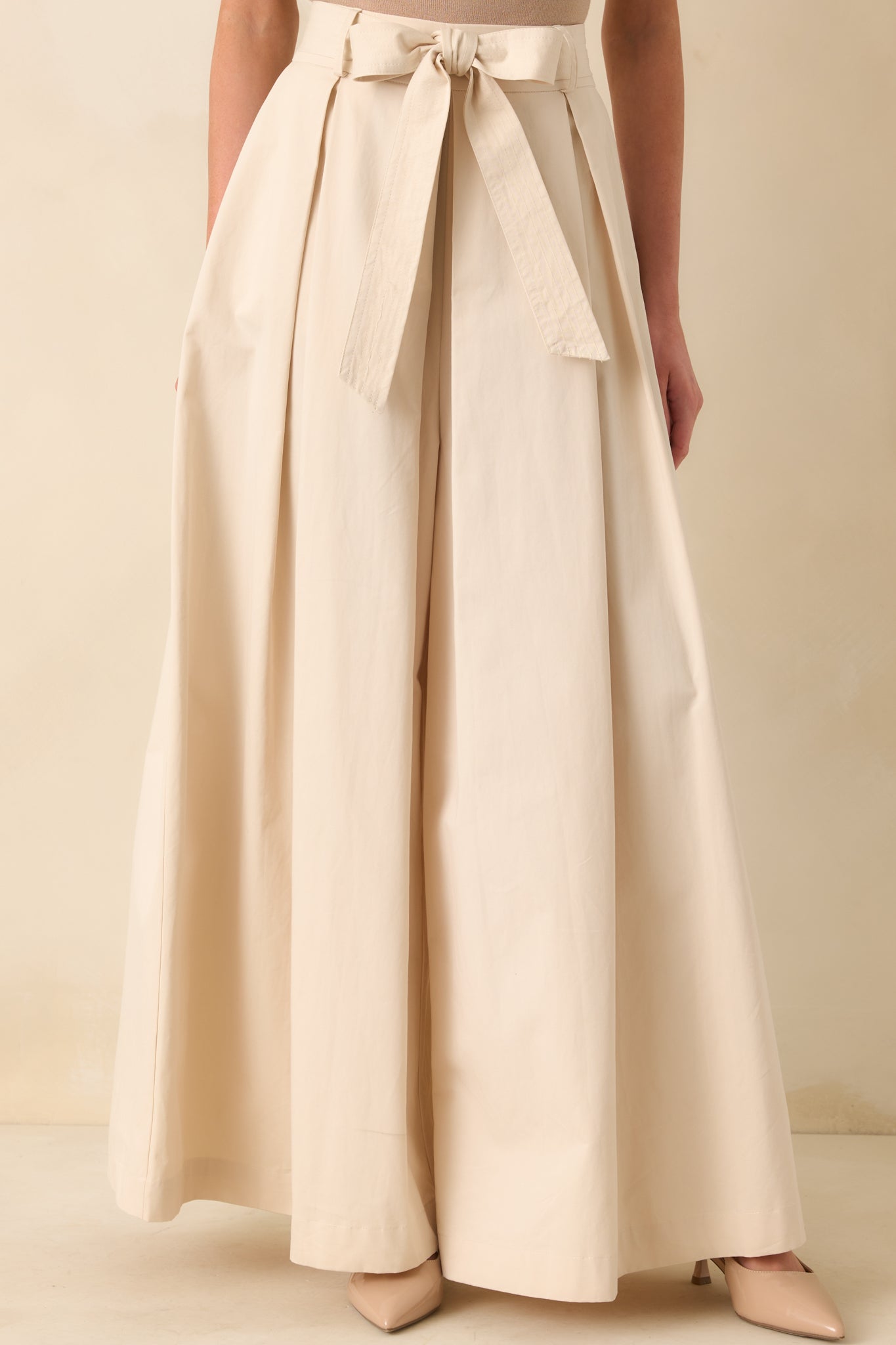 Taking Time Off Ecru Cotton Belted Palazzo Pants