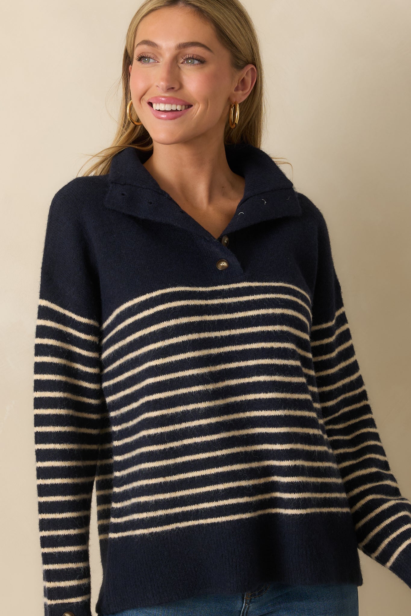 Before You Know It Navy Stripe Long Sleeve Collared Sweater