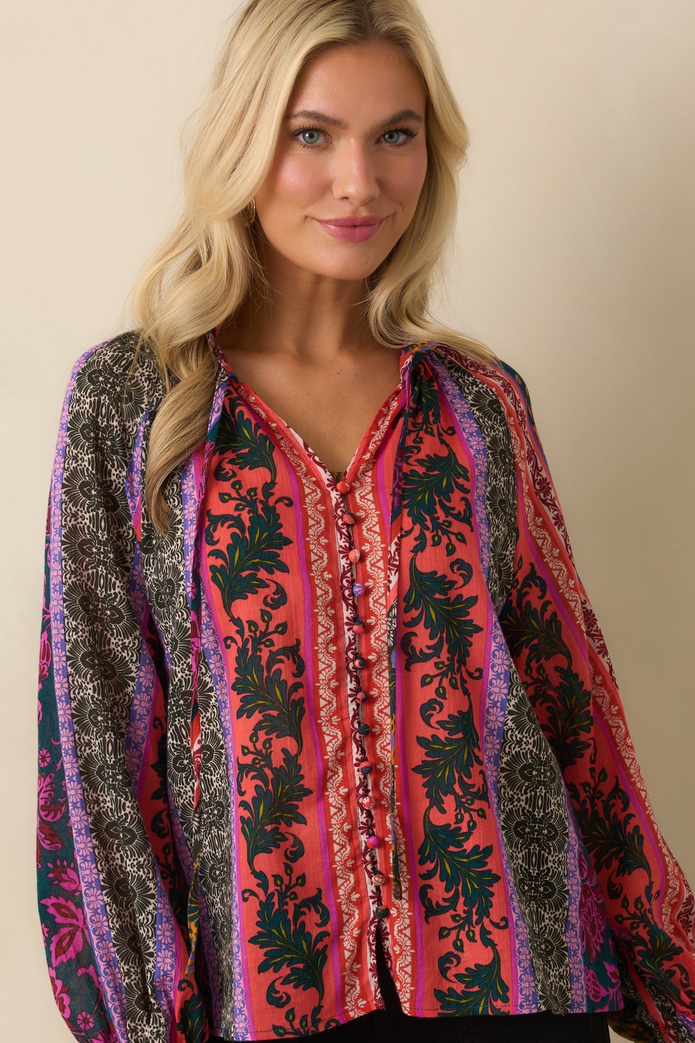 In Her Own Way Dark Teal Multi Patchwork Print Cotton Blouse