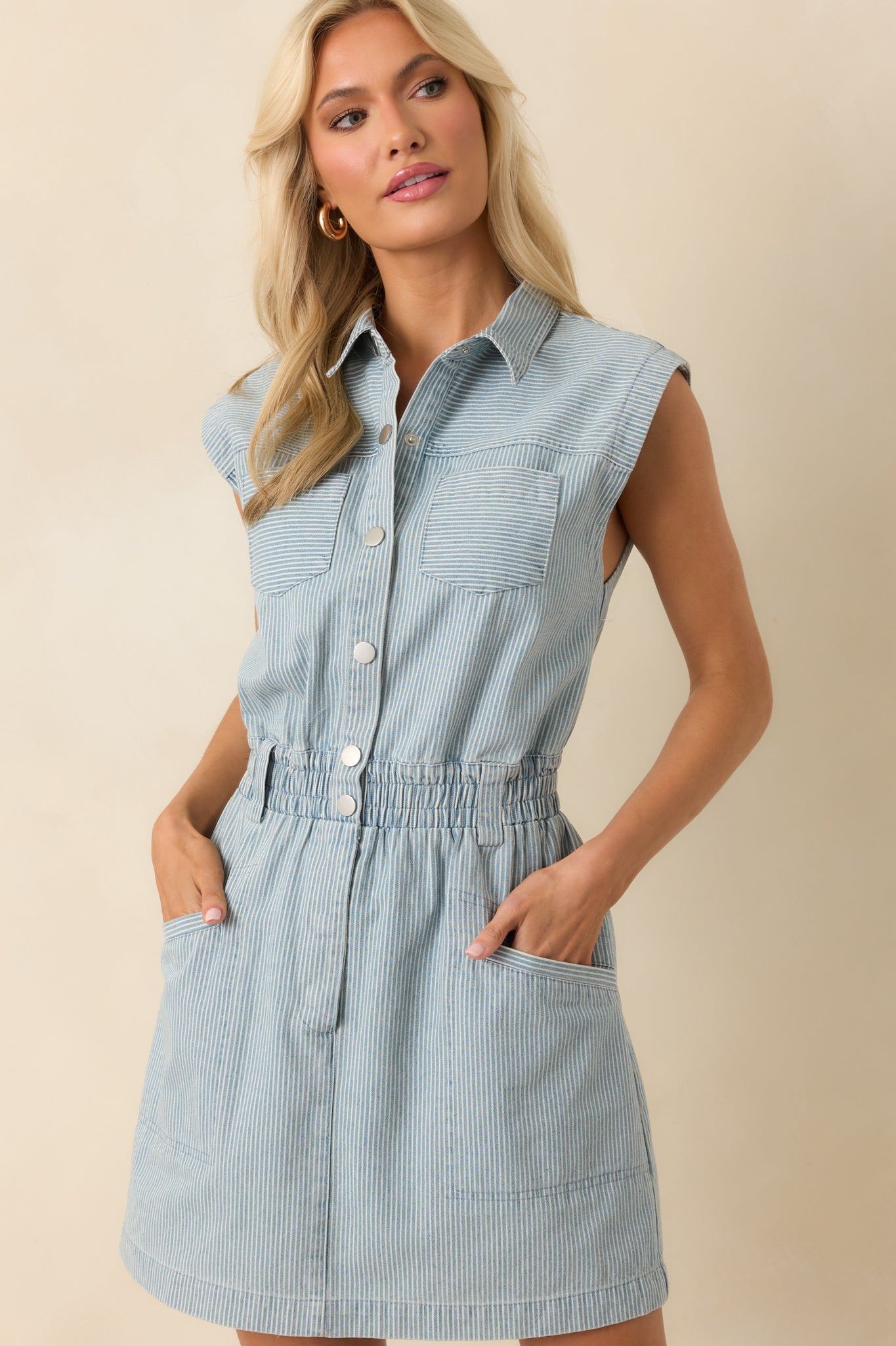 The Better Way Light Wash Pinstripe Cotton Denim Mini Dress