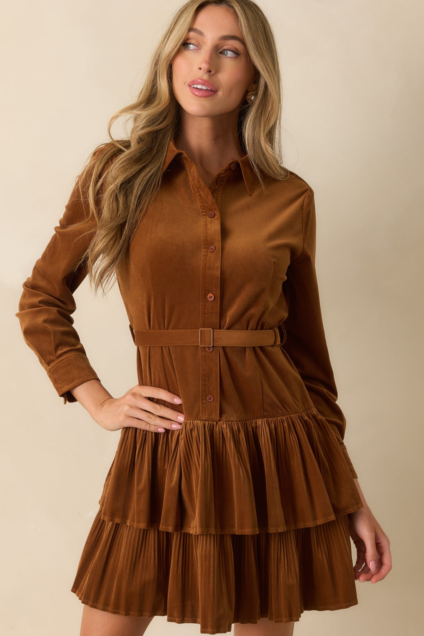 Against The Grain Caramel Brown Corduroy Belted Mini Shirt Dress