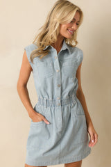The Better Way Light Wash Pinstripe Cotton Denim Mini Dress