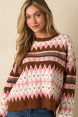 Worth The Mention Pink Multi Argyle Fair Isle Knit Crewneck Sweater
