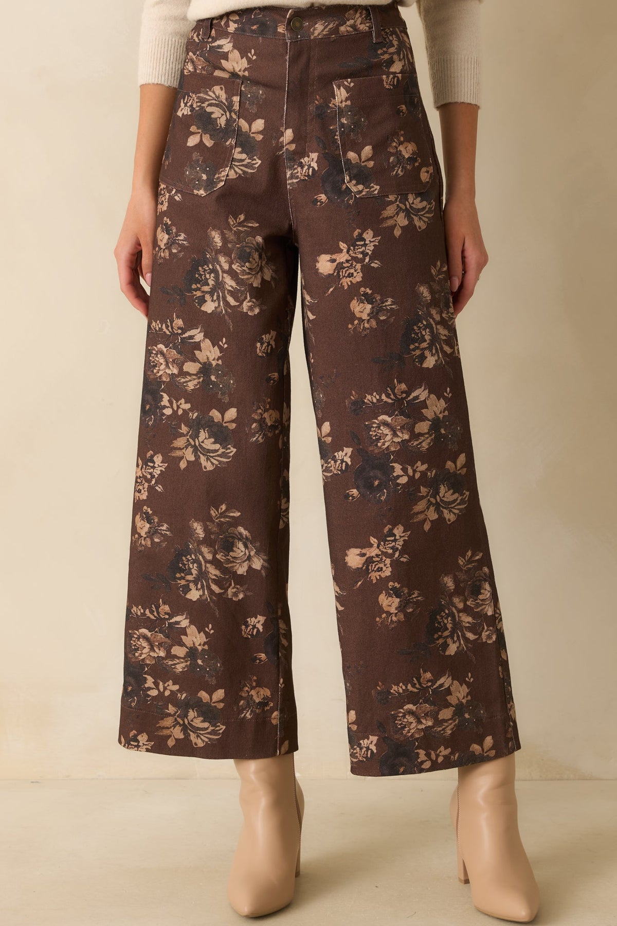 Couldn't Be Better Chocolate Brown Floral Print Cotton Wide Leg Jeans