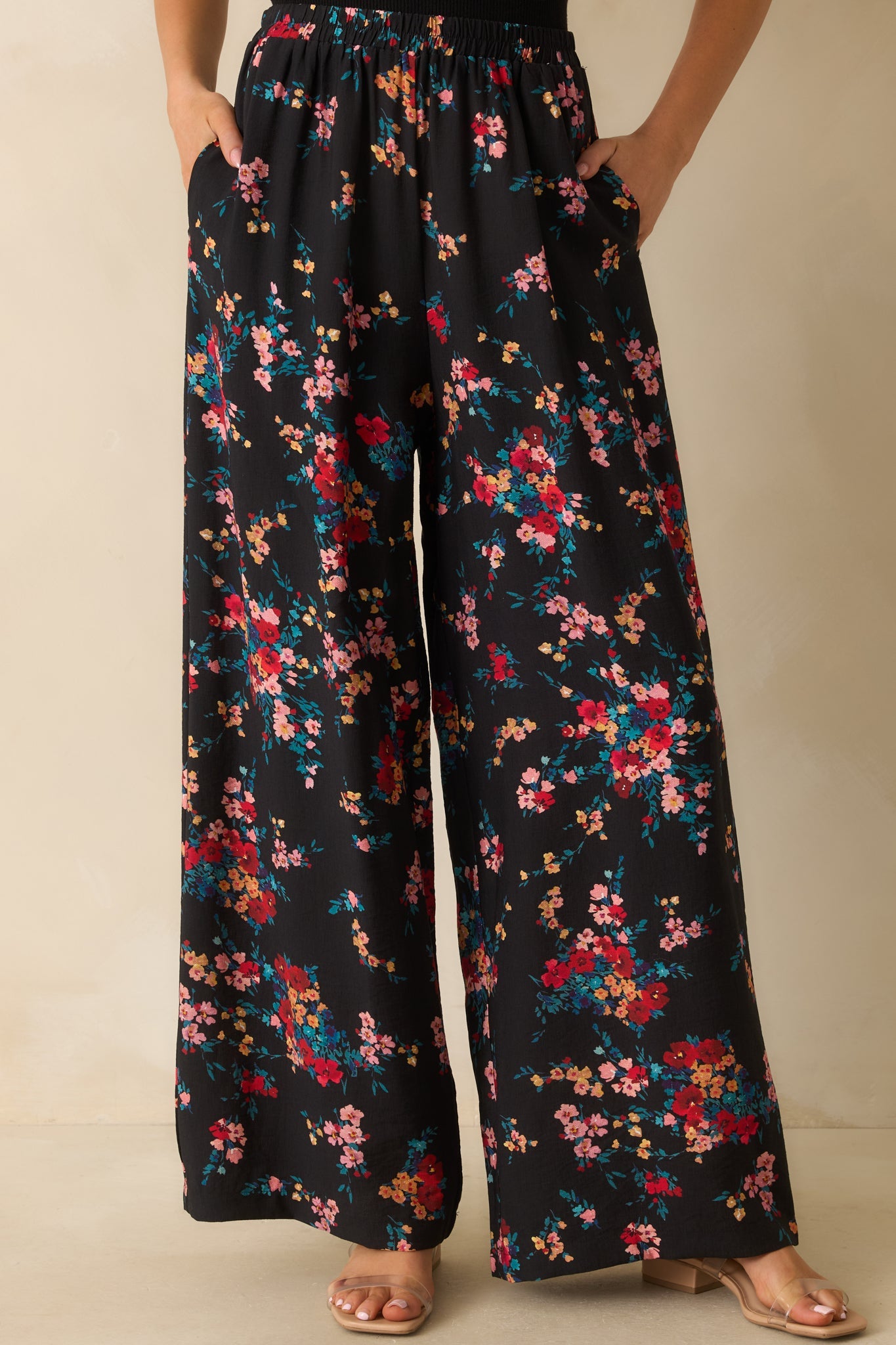 Wander and Bloom Black Multi Floral Print Wide Leg Pants