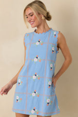 A Sweet Escape Light Blue Multi Floral Embroidered Cotton Sleeveless Mini Dress