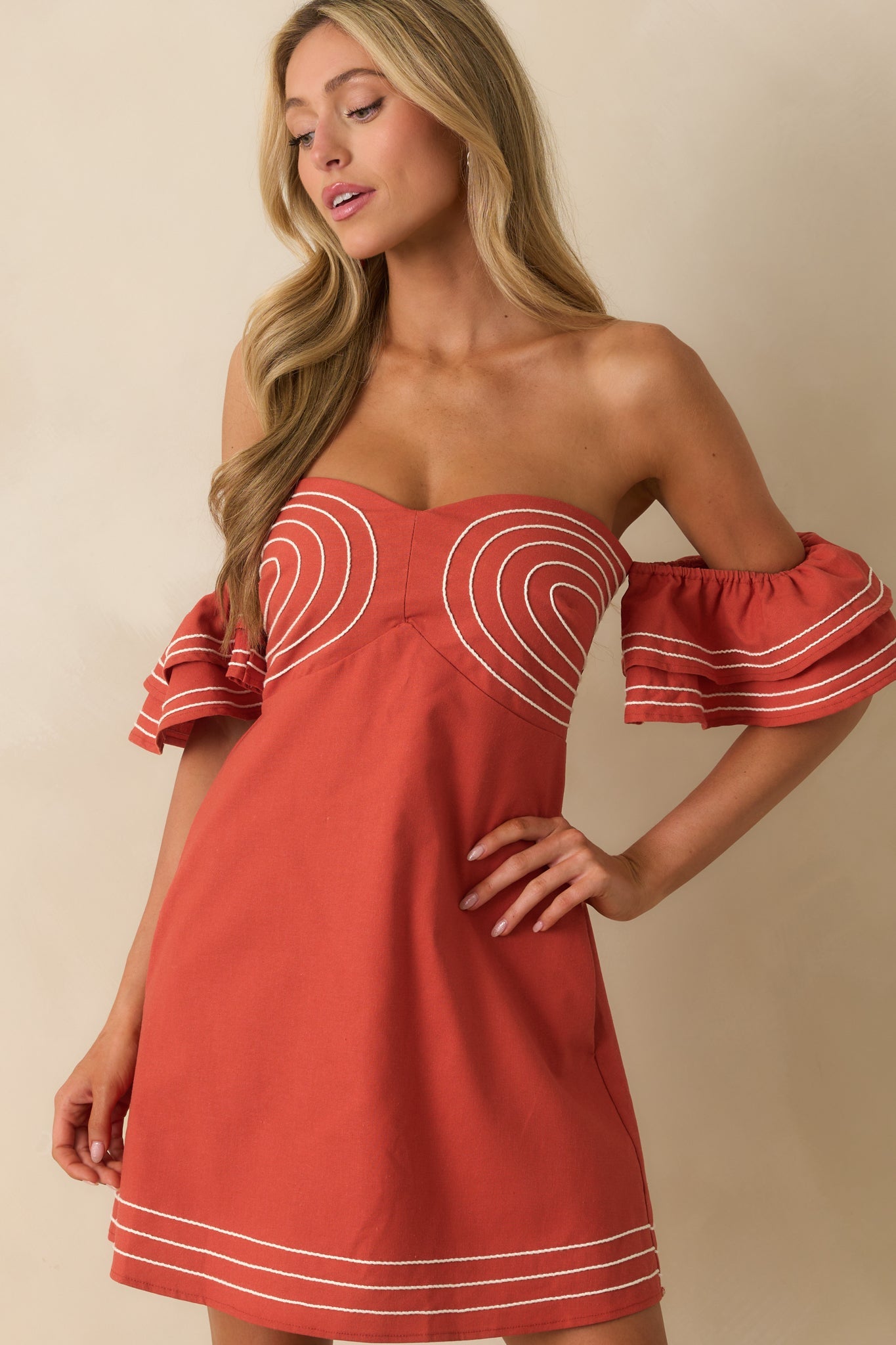 Left An Impression Burnt Orange Linen Blend Off The Shoulder Mini Dress