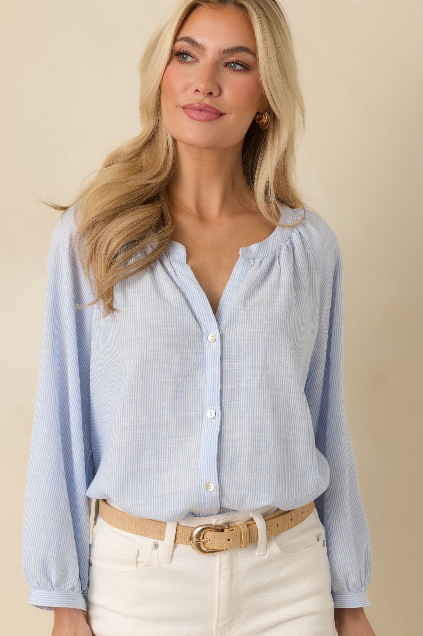 Easy Tide Blue Stripe Relaxed Button Front Top
