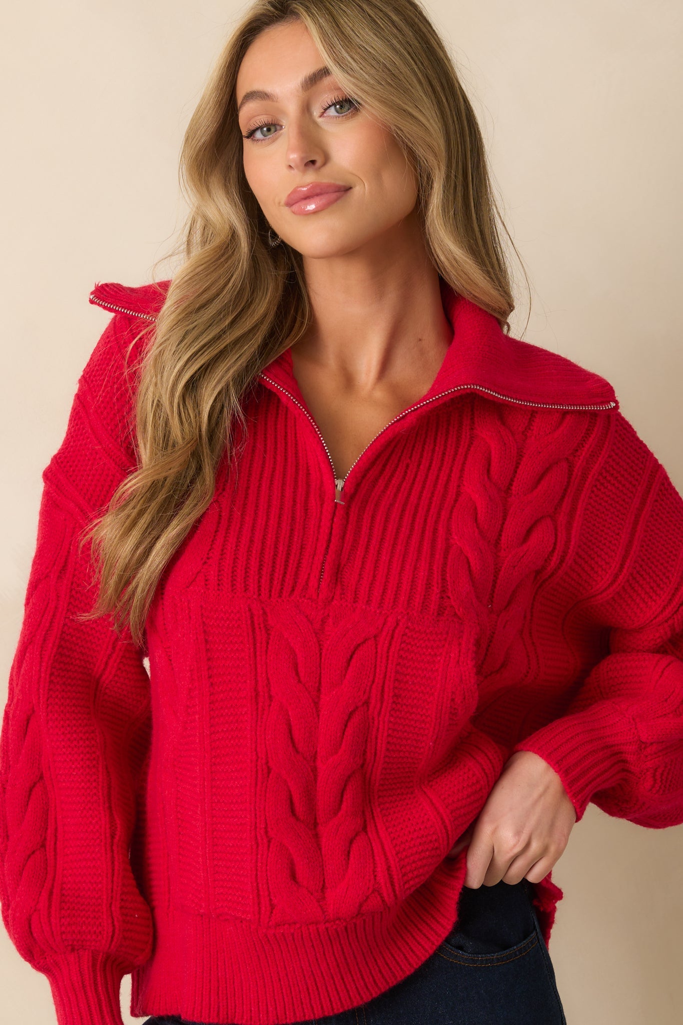 Day After Day Red Cable Knit Quarter Zip Pullover Sweater