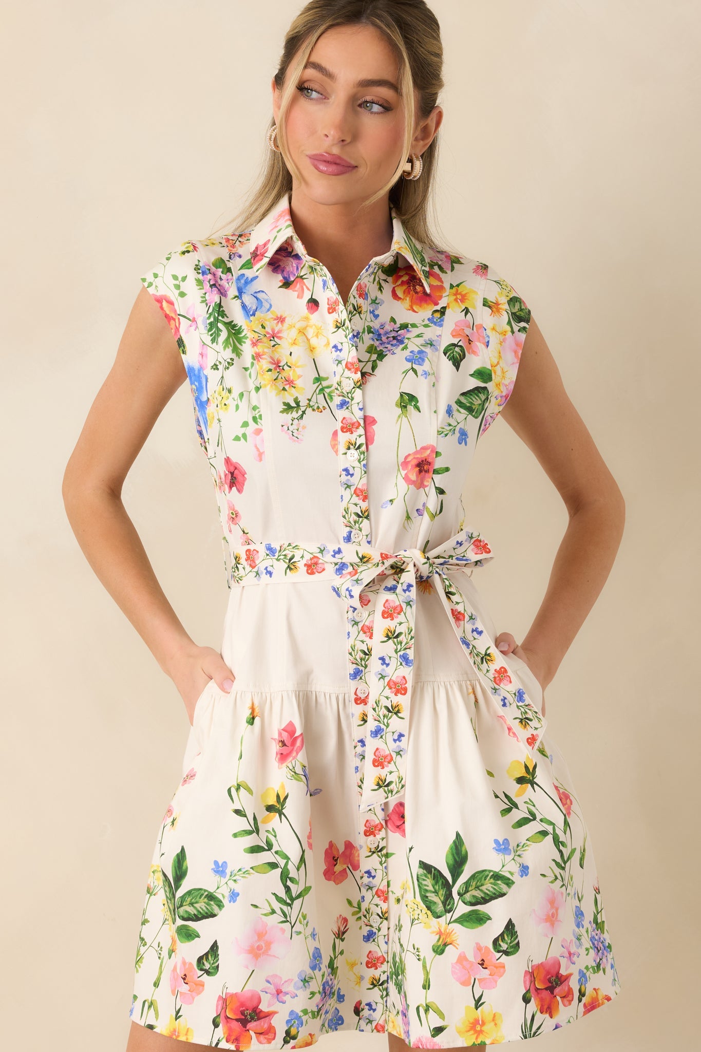 What Lies Ahead White Multi Cotton Floral Tie Belt Mini Dress