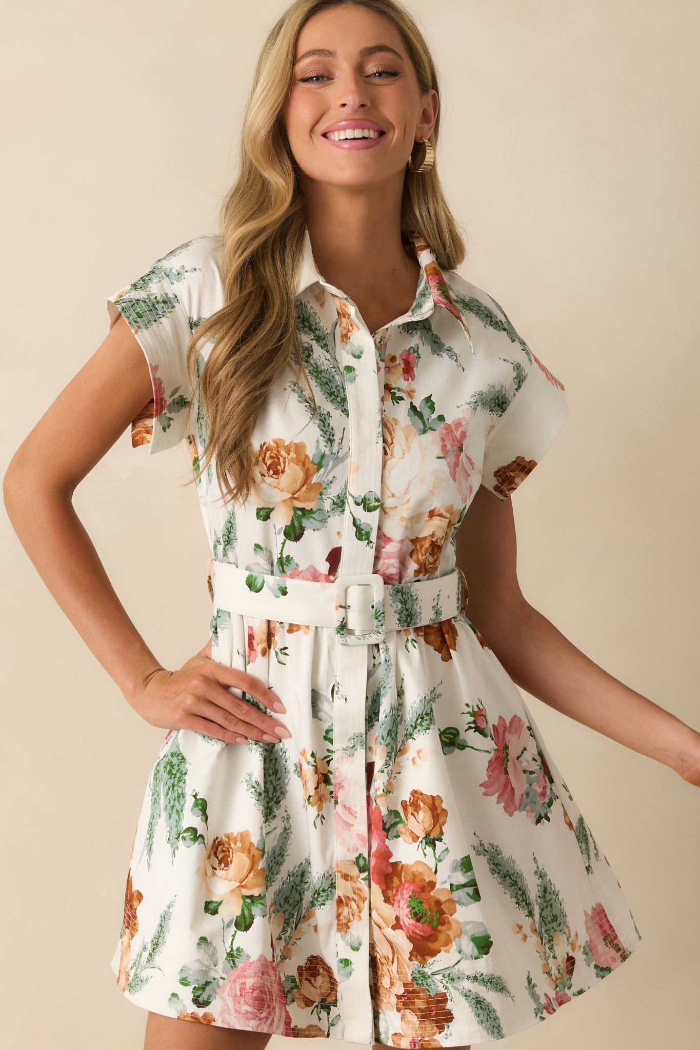 Never Been Better White Multi Floral Print Cotton Mini Shirt Dress
