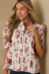On Your Mind Pink Multi Floral Print Cotton Button Front Top