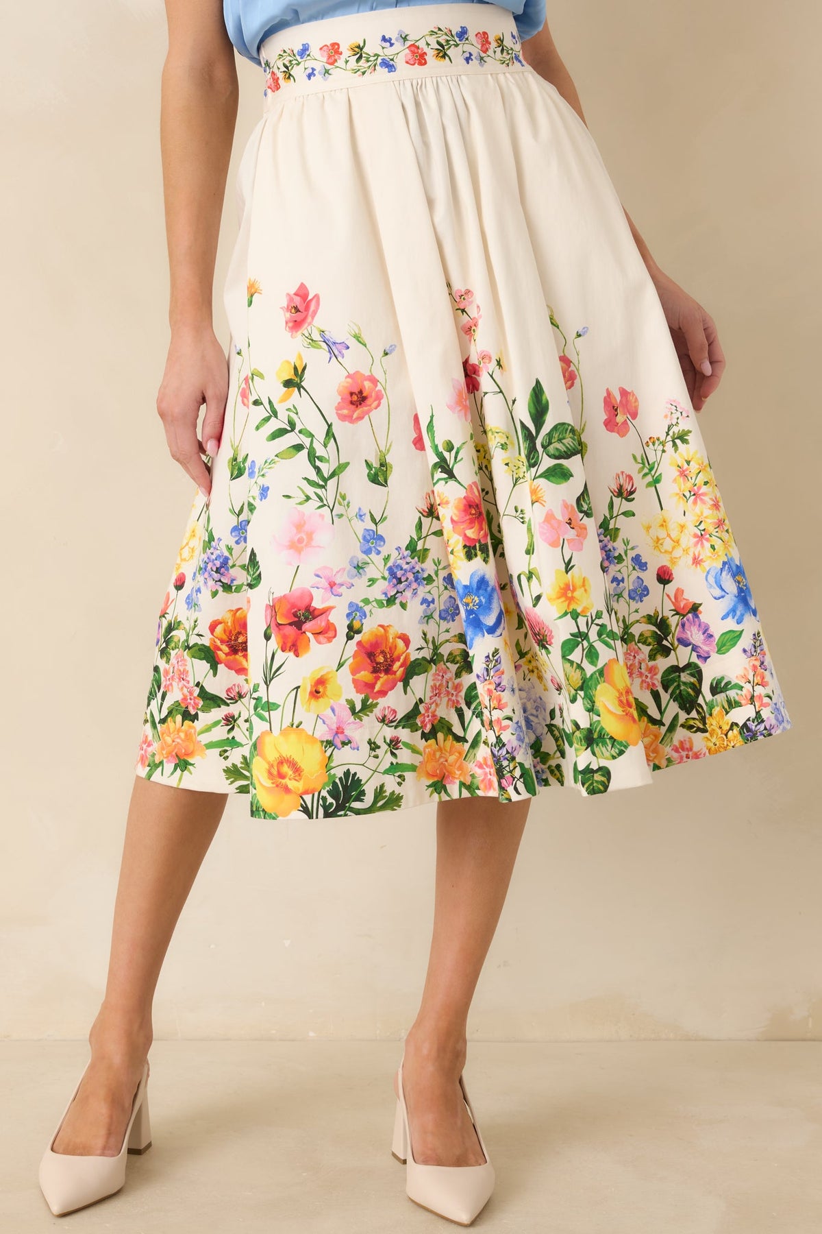 A Beautiful Arrangement Ivory Multi Floral Cotton Midi Skirt