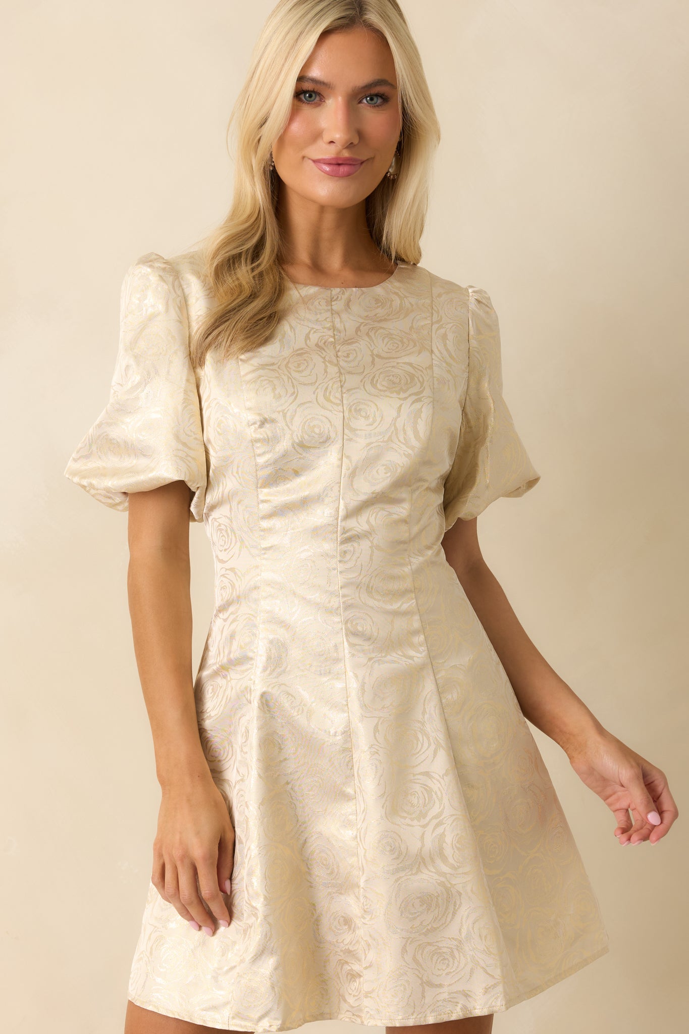 Never Without Grace Champagne Floral Jacquard Mini Dress