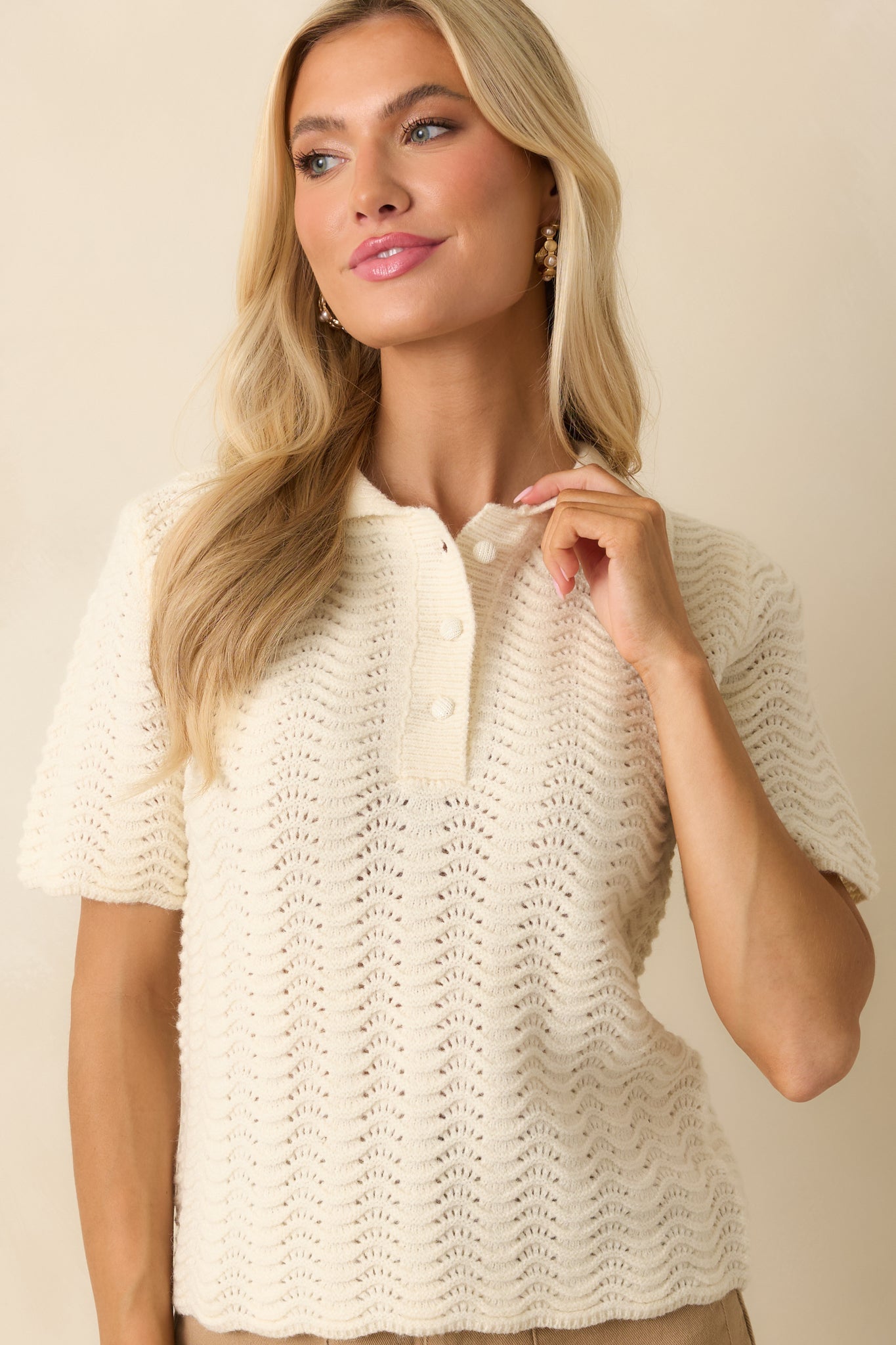 Left It At That Ivory Scalloped Pointelle Knit Short Sleeve Sweater