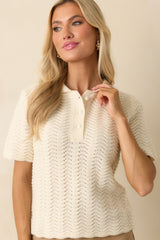 Left It At That Ivory Scalloped Pointelle Knit Short Sleeve Sweater
