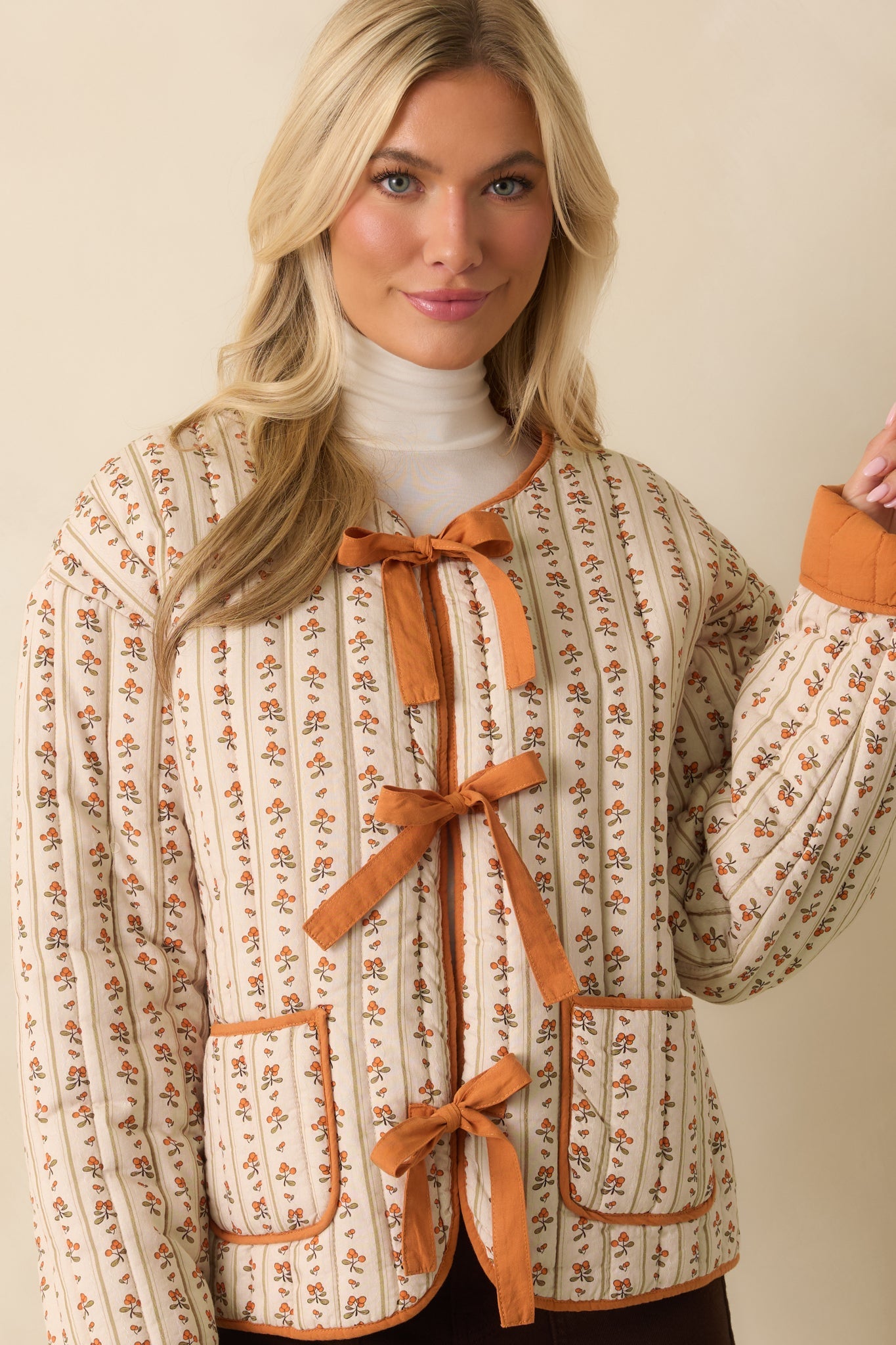 Take No Chances Orange Floral Print Cotton Quilted Bow Front Jacket