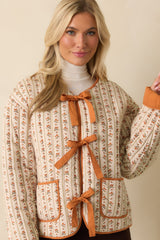 Take No Chances Orange Floral Print Cotton Quilted Bow Front Jacket