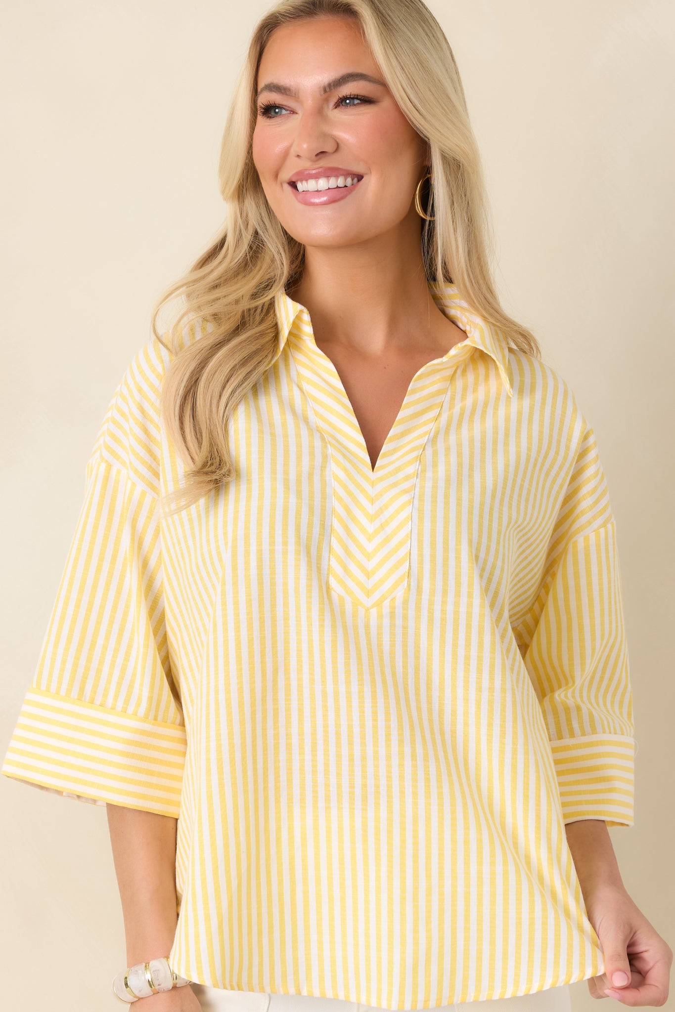 Leading Lines Yellow Stripe Collared V-Neck Blouse