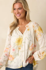 Just Winging It Ivory Multi Floral Print Rayon Long Sleeve Blouse