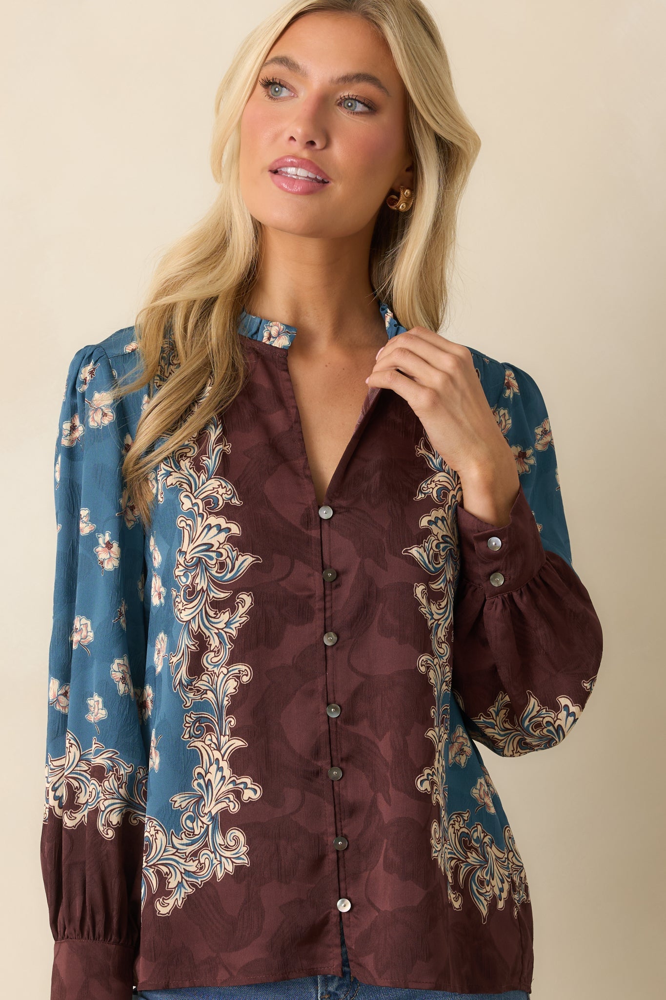 Hold Your Own Blue Multi Floral Print Long Sleeve Button Up Shirt