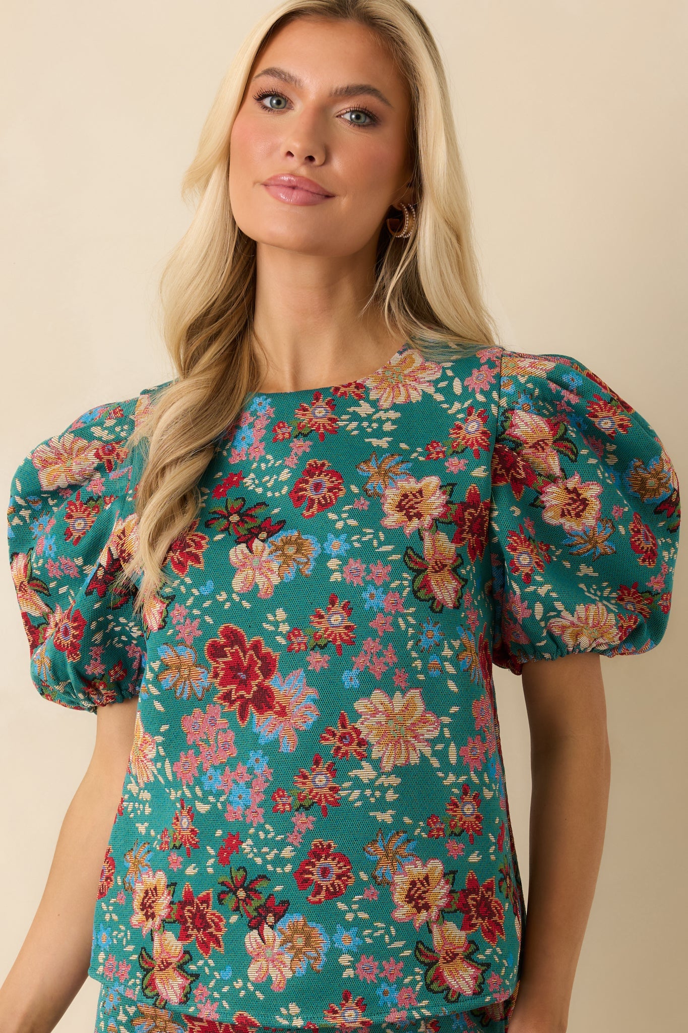 Pretty Please Teal Green Multi Floral Print Puff Sleeve Top