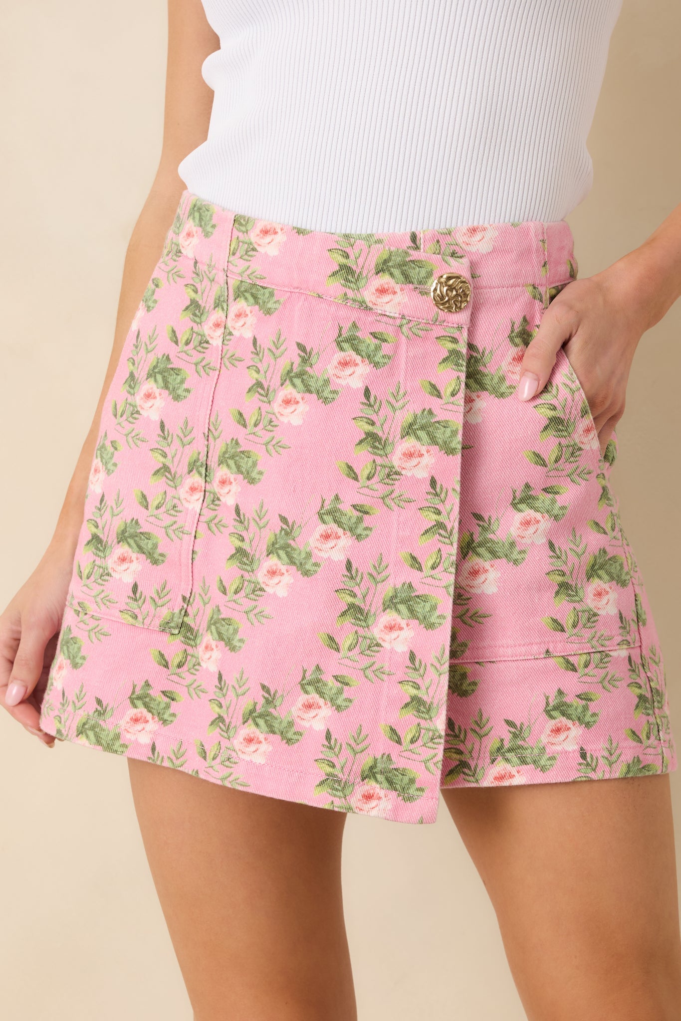 Fields Of Joy Pink Floral Cotton Denim Mini Skort