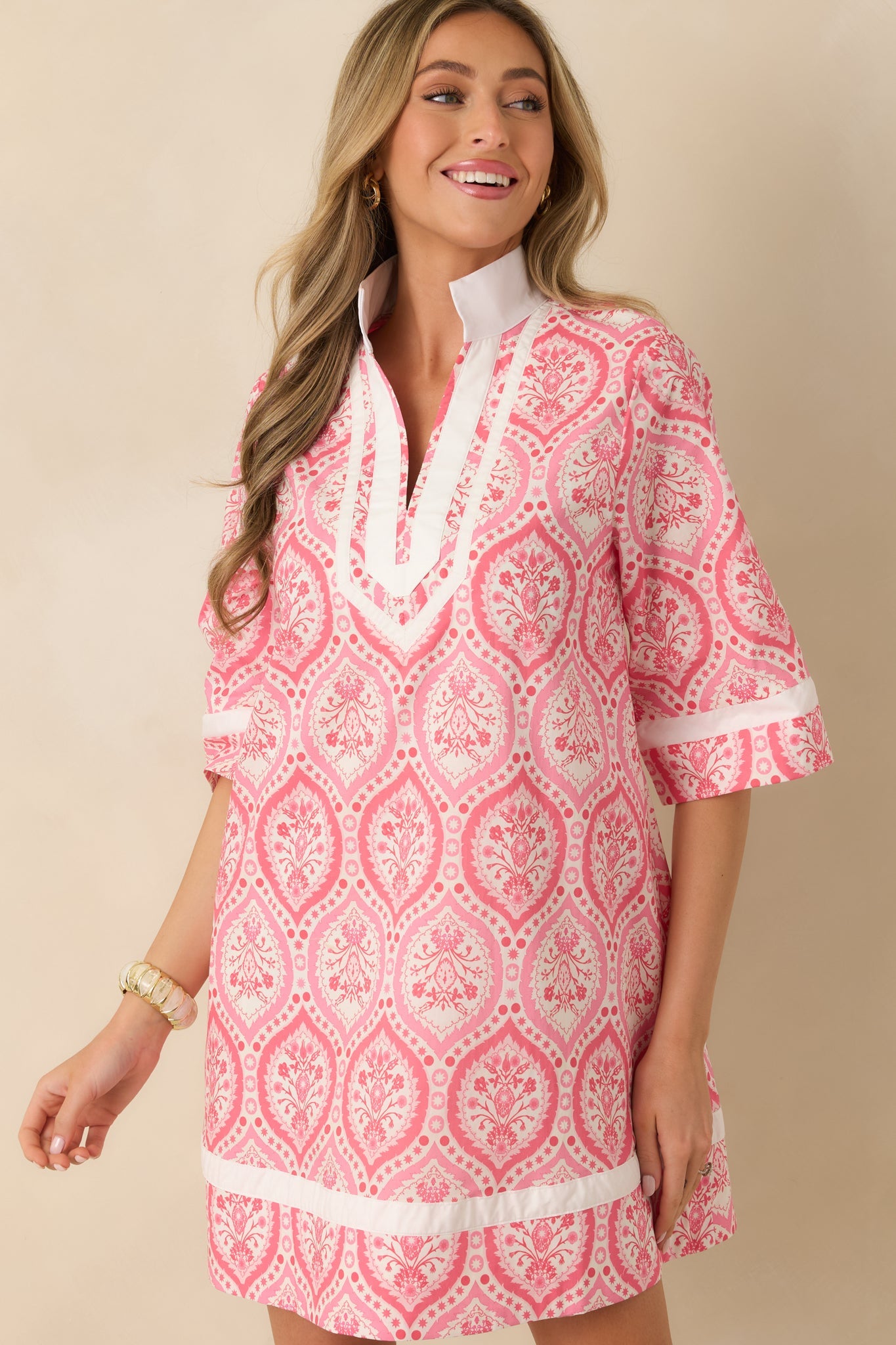 Flowering Feelings Pink Floral Pattern Cotton V-Neck Mini Dress