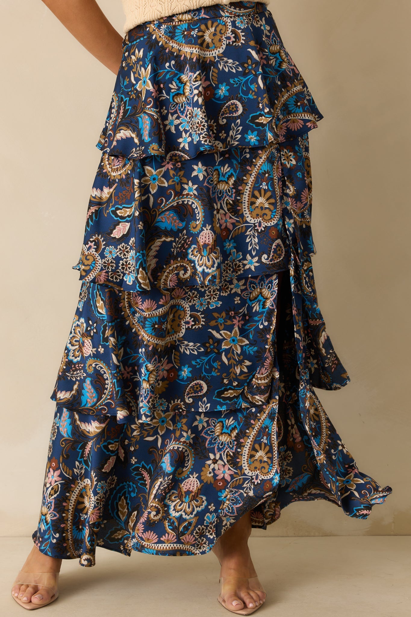 Meant To Stay Navy Multi Floral Print Tiered Satin Maxi Skirt
