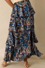Meant To Stay Navy Multi Floral Print Tiered Satin Maxi Skirt