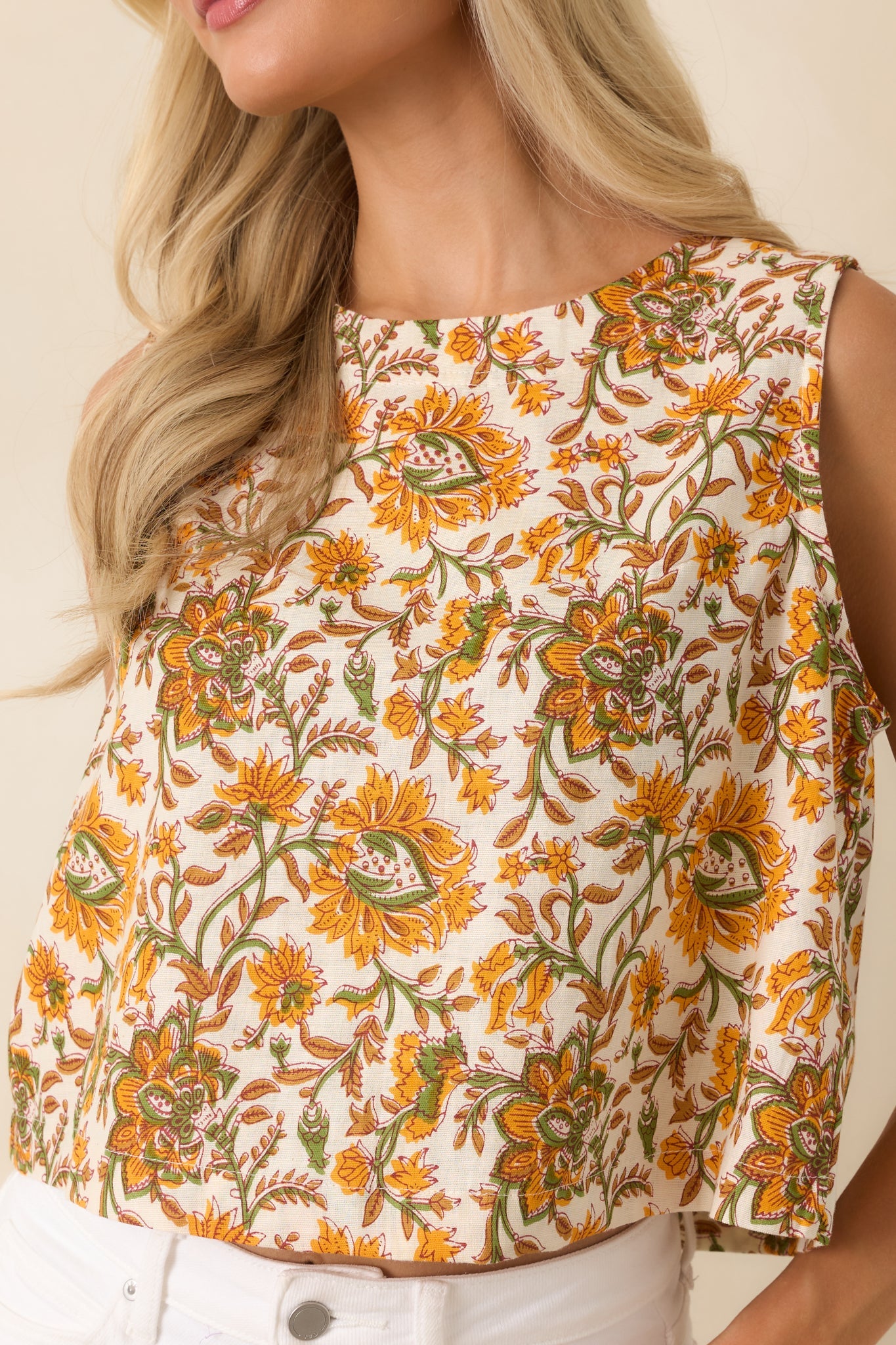Easy to Love Marigold & Olive Green Floral Cotton Button-Back Top