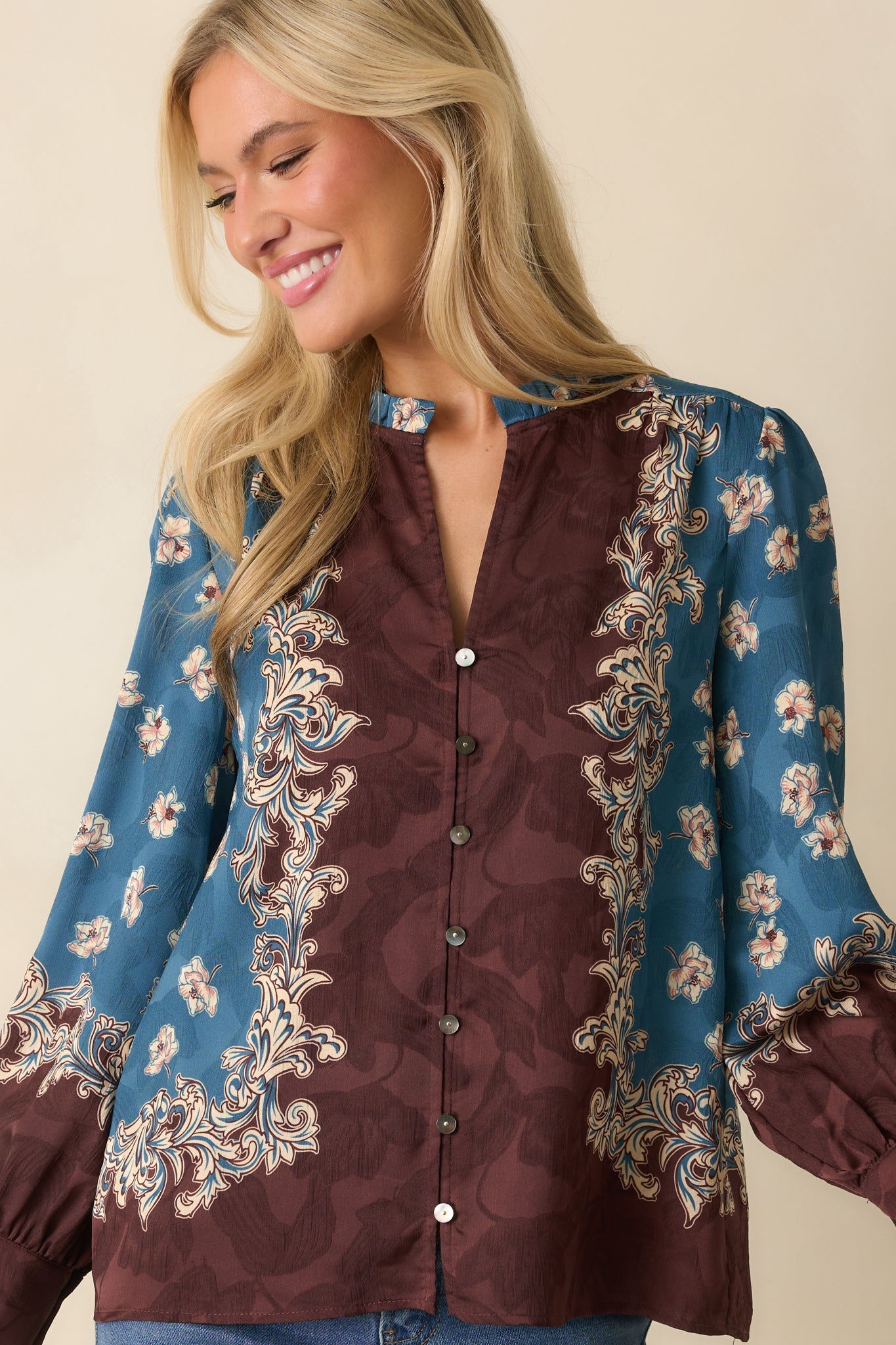 Hold Your Own Blue Multi Floral Print Long Sleeve Button Up Shirt