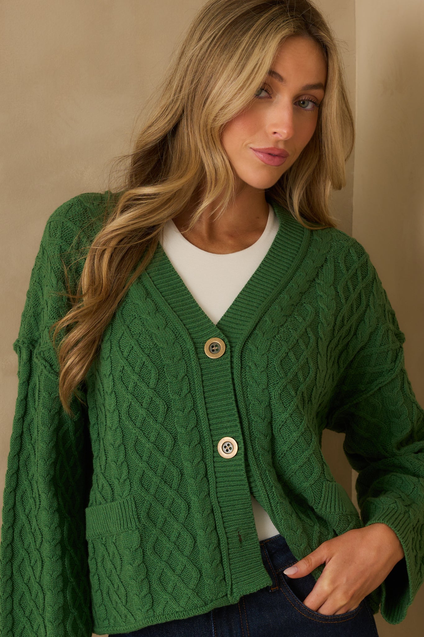 For Old Time's Sake Forest Green Cable Knit Button Up Cardigan