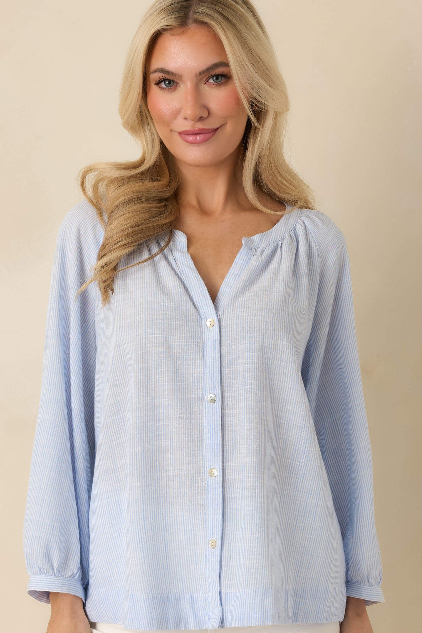 Easy Tide Blue Stripe Relaxed Button Front Top