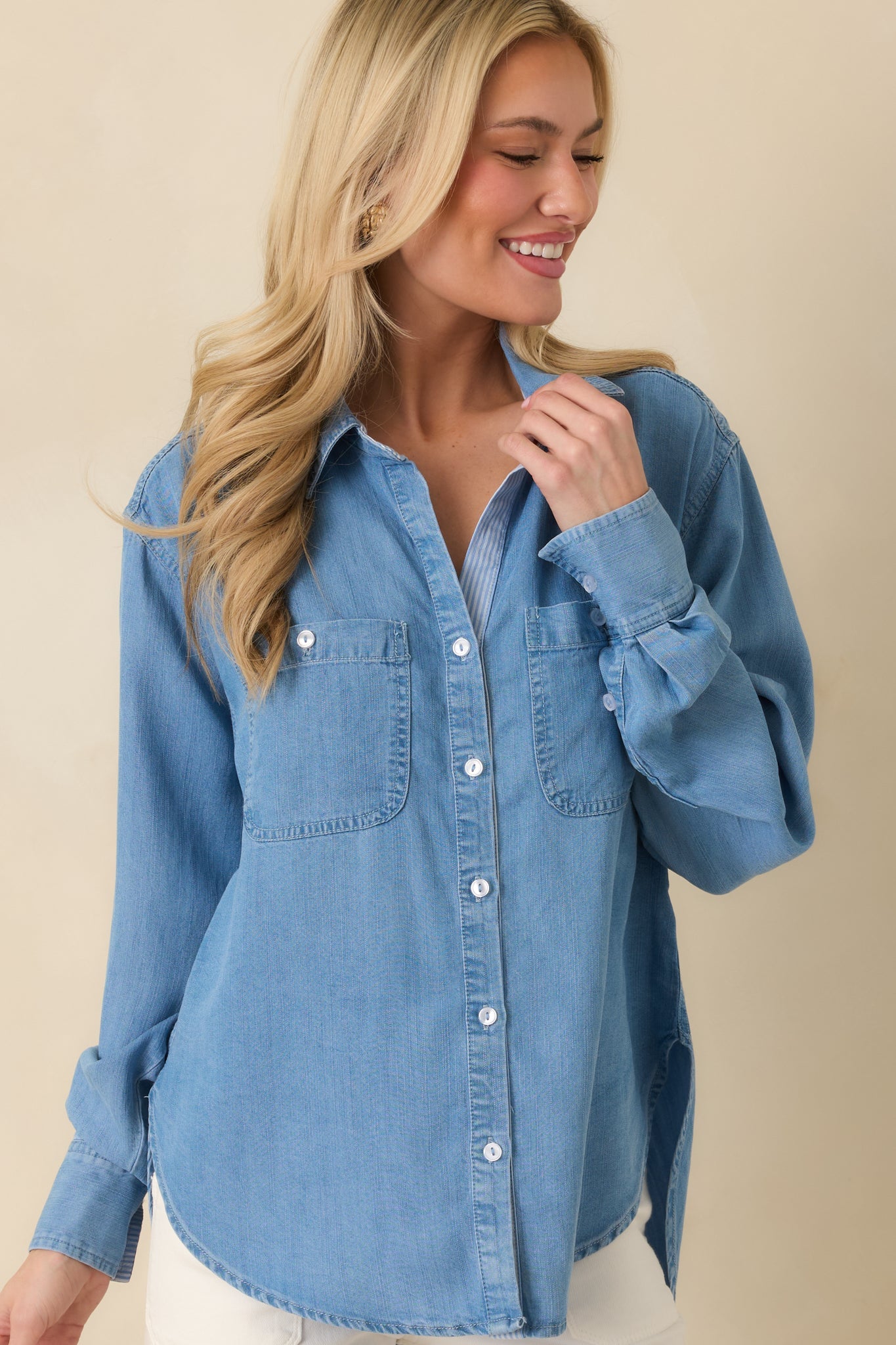 Laid Back Luxe Medium Wash Denim Button-Up Shirt