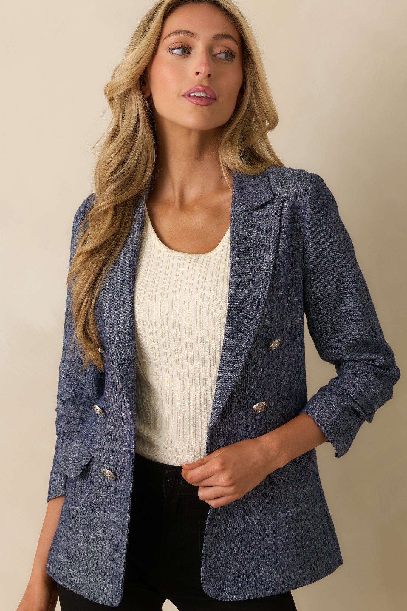 Confident Energy Dark Wash Chambray Ruched Sleeve Blazer
