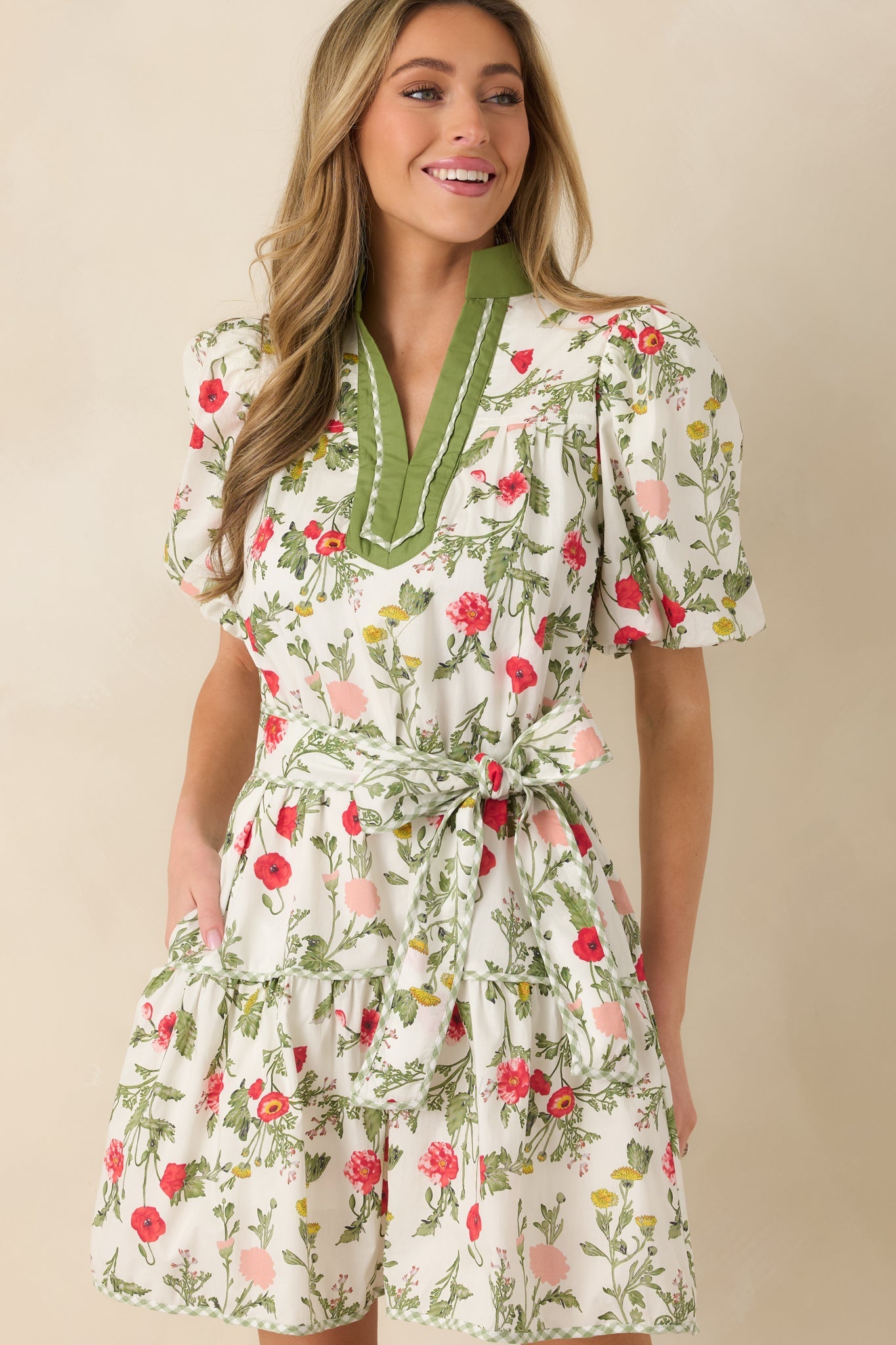 Taking A Chance Olive Green Floral Print Cotton Puff Sleeve Mini Dress