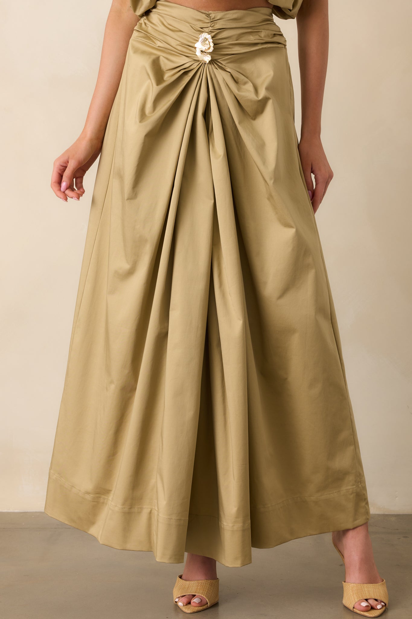Get My Good Side Tan Ruched Drape Maxi Skirt