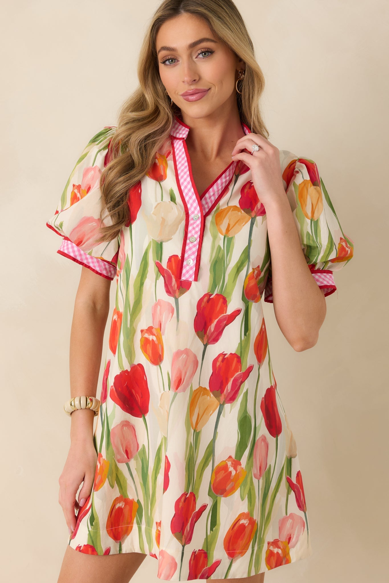 Bright Days Ahead Red Tulip Print Cotton Short Sleeve Mini Dress