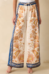 Held Her Ground Ivory Multi Floral Print Wide Leg Satin Pants