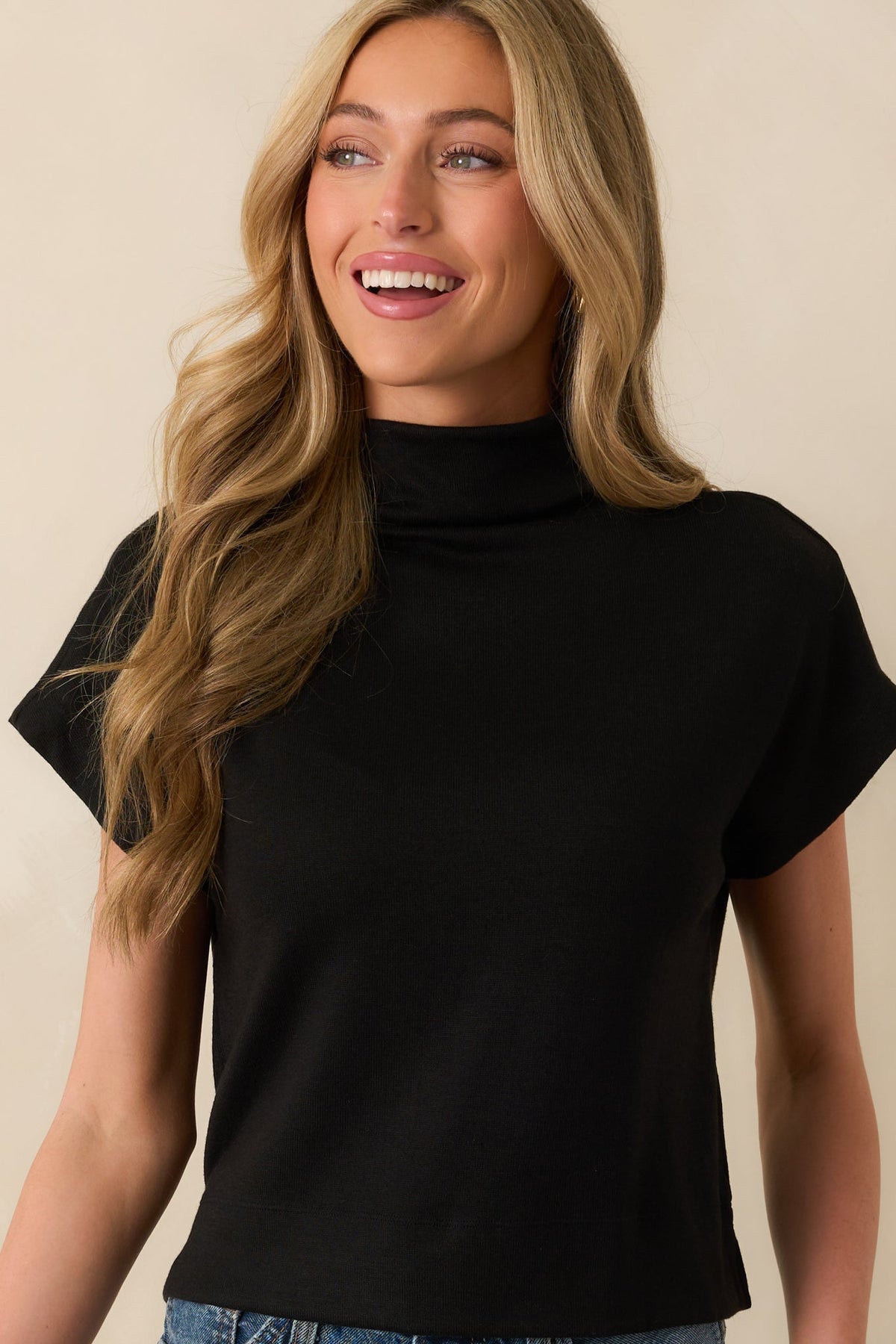 Plans Are Made Black Relaxed Mock Neck Cap Sleeve Top
