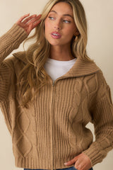 Better Believe It Camel Brown Cable Knit Zip Front Sweater Jacket