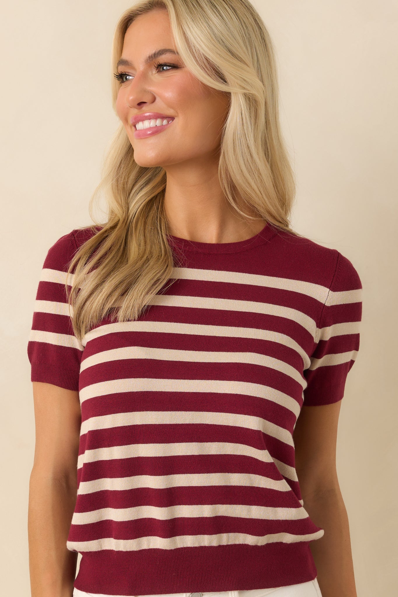 Without A Doubt Burgundy Stripe Short Sleeve Sweater