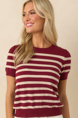 Without A Doubt Burgundy Stripe Short Sleeve Sweater