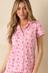 Jolly Little Thing Light Pink Multi Santa Short Sleeve Button Up Pajama Top