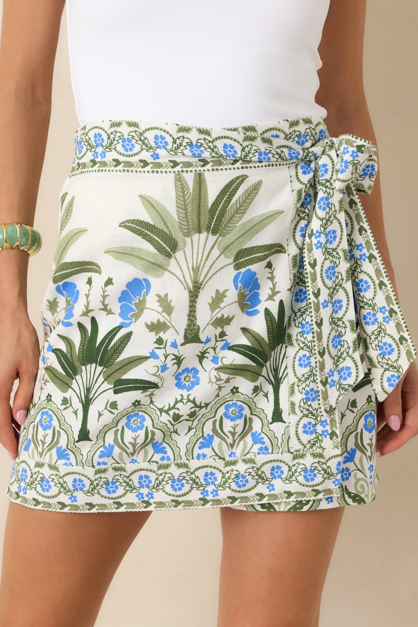 Capri Courtyard Ivory Multi Floral & Palm Wrap Mini Skort